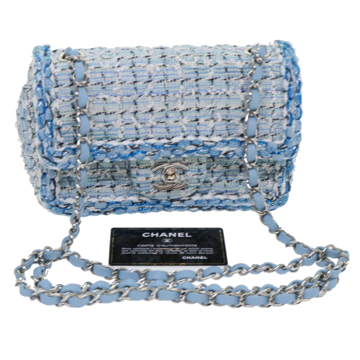 CHANEL Chain Shoulder Bag Tweed Blue CC 47496A
