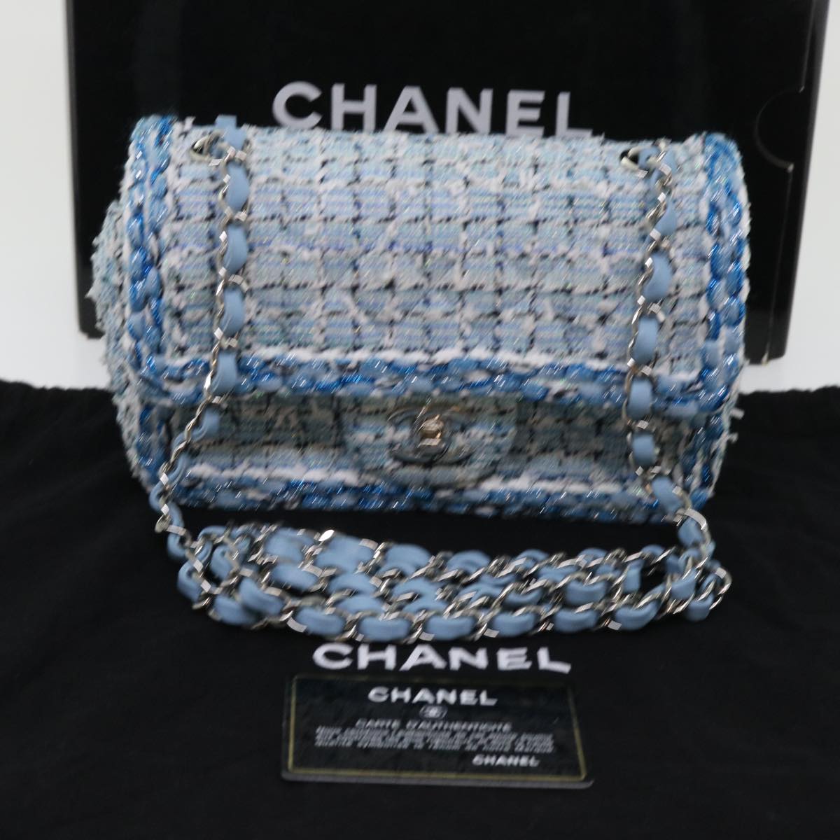 CHANEL Chain Shoulder Bag Tweed Blue CC 47496A