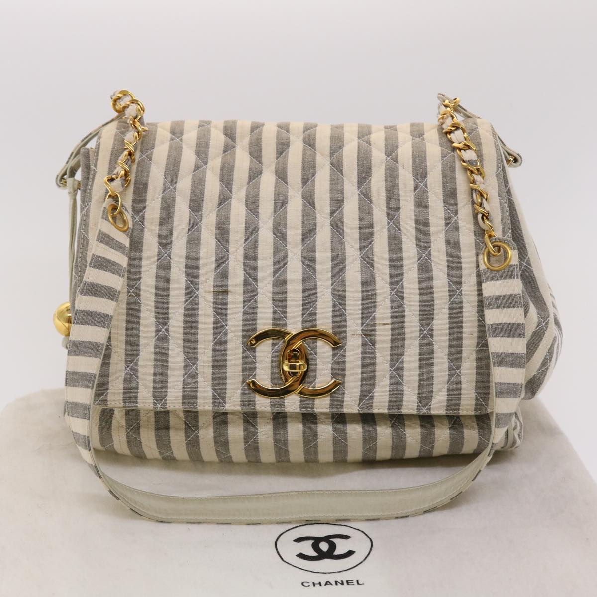 CHANEL Matelasse Shoulder Bag Canvas Light Blue White CC 48071A