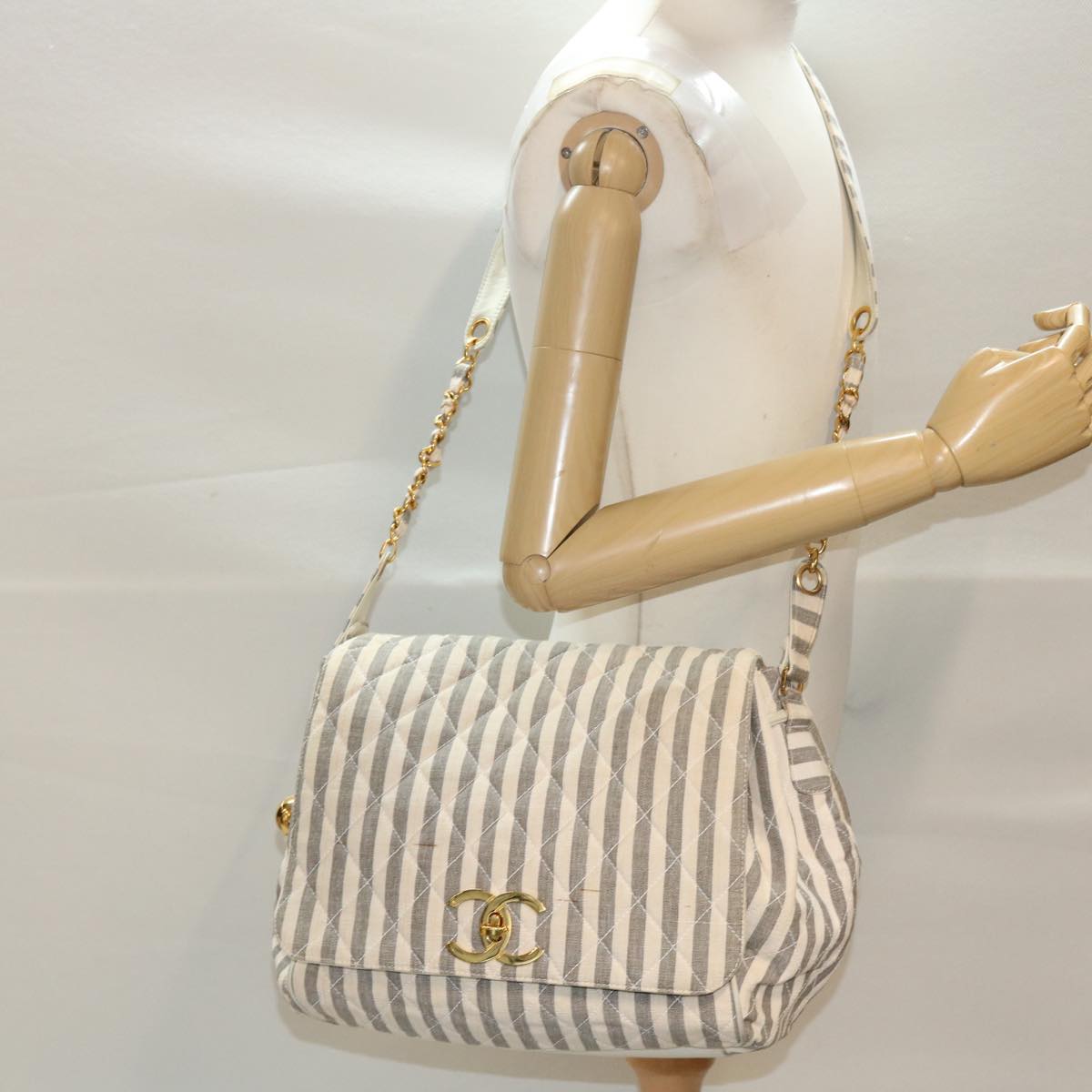 CHANEL Matelasse Shoulder Bag Canvas Light Blue White CC 48071A