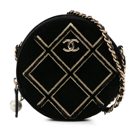 Black Chanel Velvet Pearl Sequin Round Crossbody