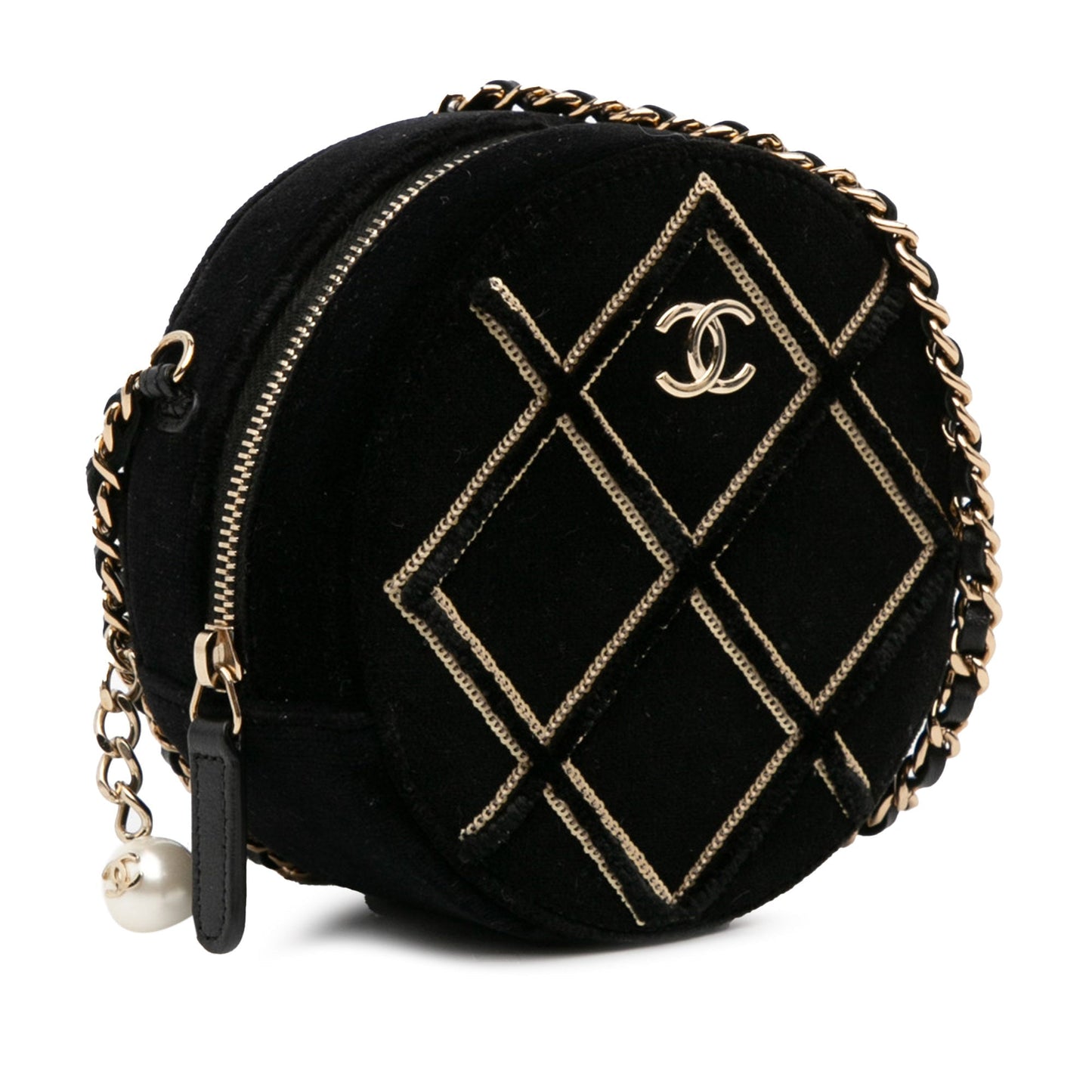 Black Chanel Velvet Pearl Sequin Round Crossbody