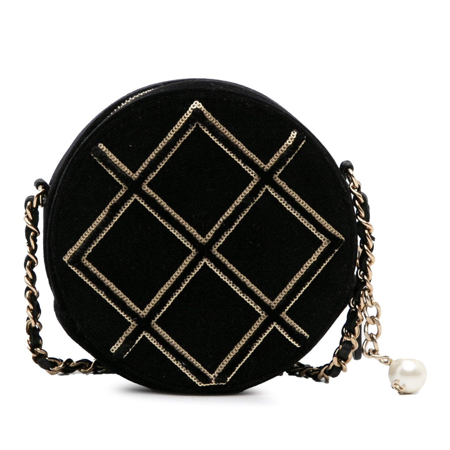 Black Chanel Velvet Pearl Sequin Round Crossbody