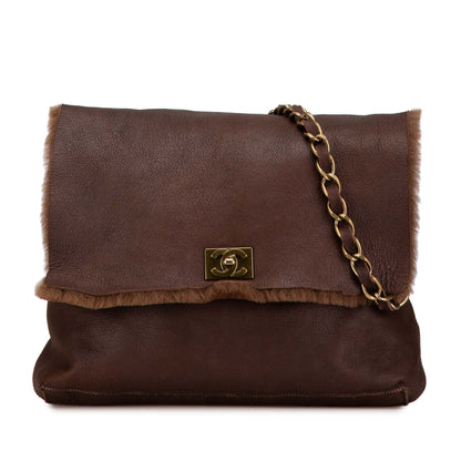 Brown Chanel Shearling Trim Nubuck Chain Flap Crossbody Bag