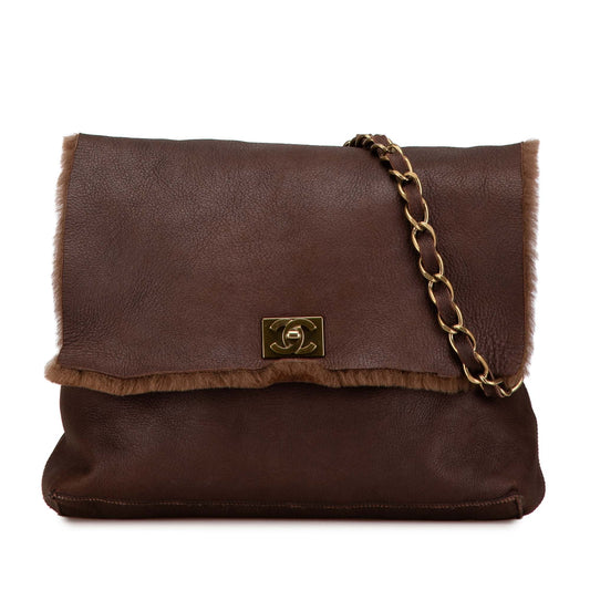 Brown Chanel Shearling Trim Nubuck Chain Flap Crossbody Bag