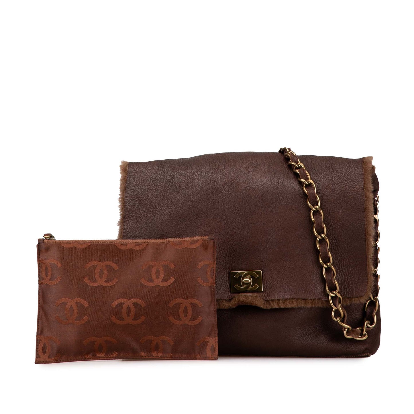 Brown Chanel Shearling Trim Nubuck Chain Flap Crossbody Bag
