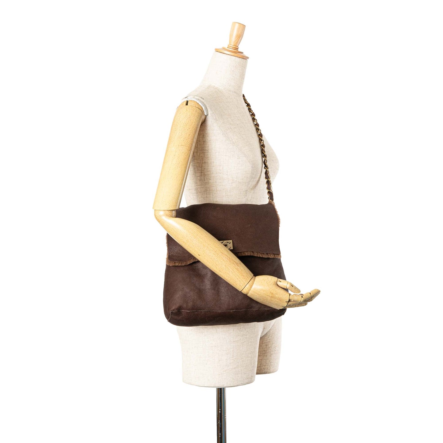 Brown Chanel Shearling Trim Nubuck Chain Flap Crossbody Bag