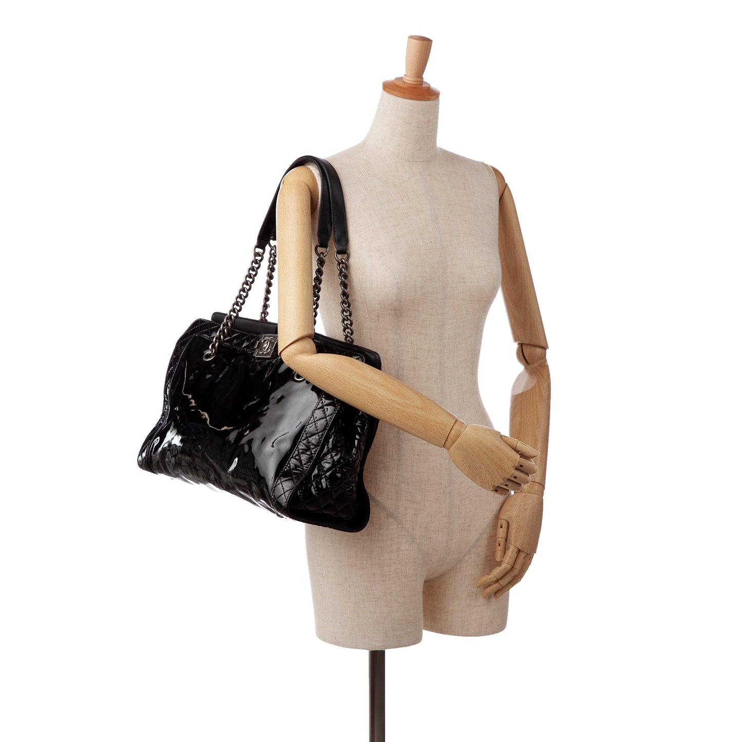 Black Chanel Patent Boy Reverso Shopping Tote