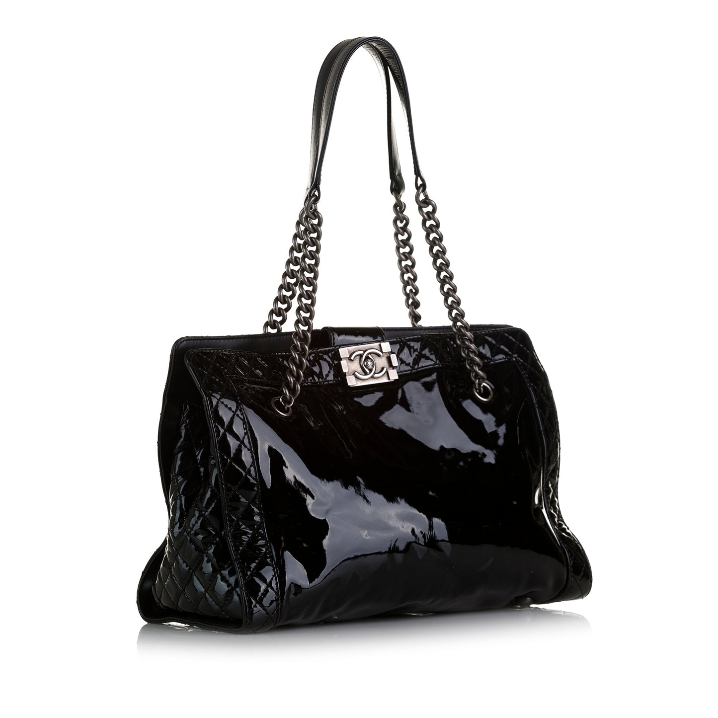 Black Chanel Patent Boy Reverso Shopping Tote