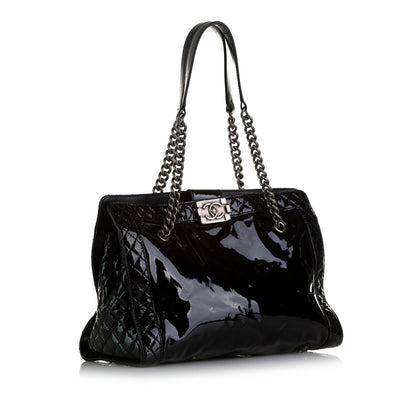 Black Chanel Patent Boy Reverso Shopping Tote