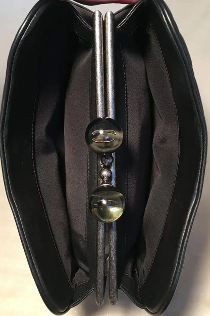 Chanel Black Leather Crystal Ball Kiss lock Clutch