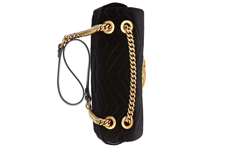(WMNS) Gucci GG Marmont Gold Logo Velvet Chain Shoulder Messenger Bag Small Black Classic 443497-K4D2T-1000