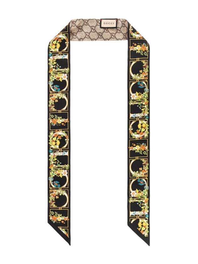 Gucci Animal Floral Print Silk Neck Bow Scarf Black