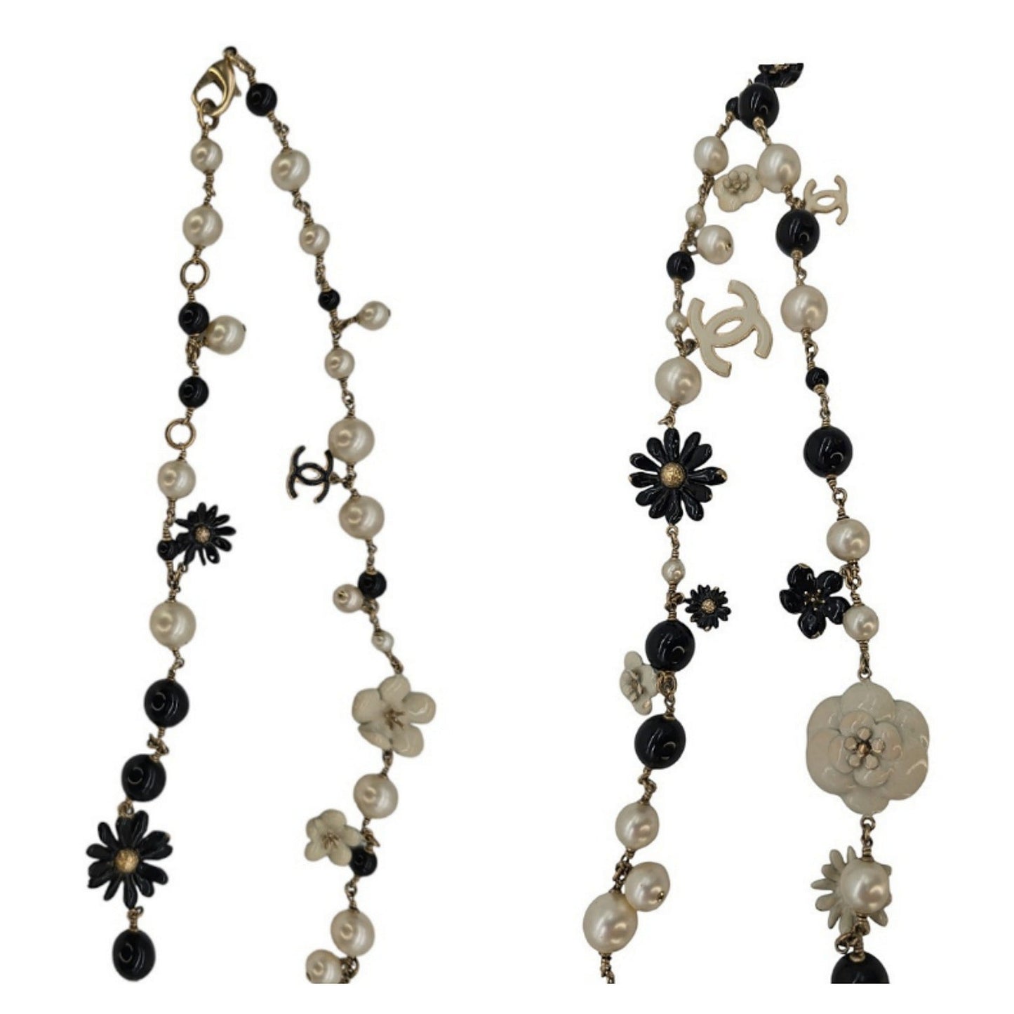 Chanel CC Camellia Black Bead Faux Pearl Long Necklace