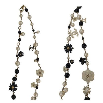 Chanel CC Camellia Black Bead Faux Pearl Long Necklace