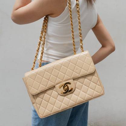 CHANEL 1994-1996 Beige Lambskin Classic Flap Jumbo