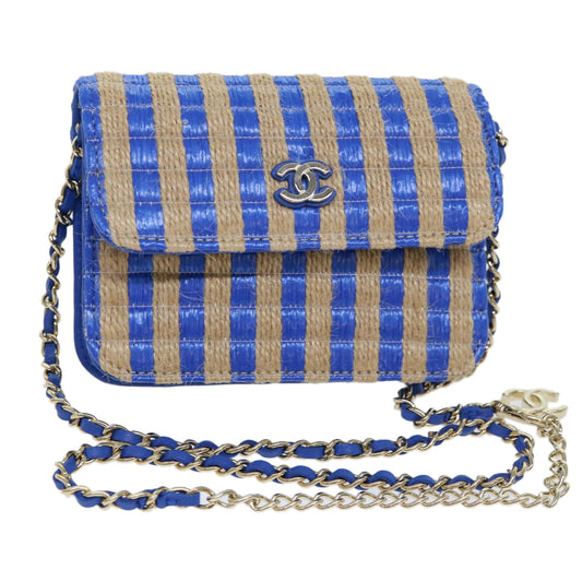 CHANEL Chain Shoulder Bag Raffia Blue Beige CC 51139A