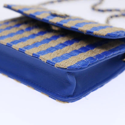 CHANEL Chain Shoulder Bag Raffia Blue Beige CC 51139A