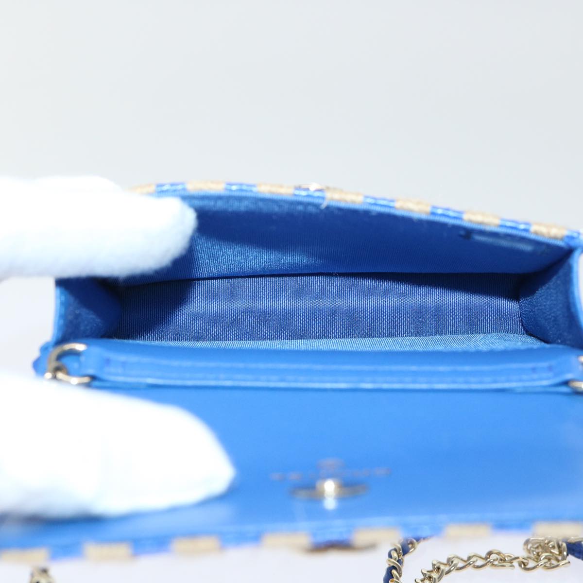 CHANEL Chain Shoulder Bag Raffia Blue Beige CC 51139A