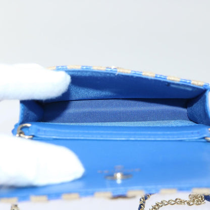 CHANEL Chain Shoulder Bag Raffia Blue Beige CC 51139A