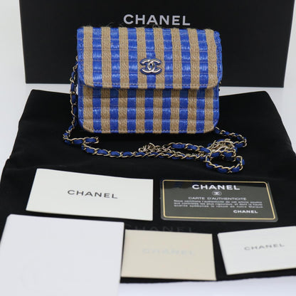 CHANEL Chain Shoulder Bag Raffia Blue Beige CC 51139A