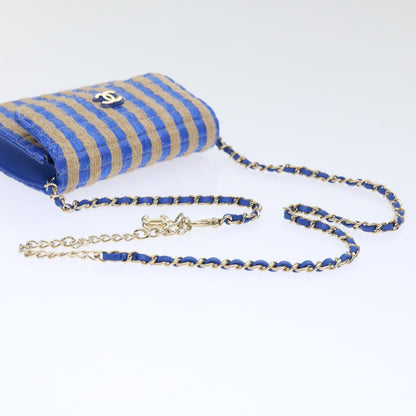 CHANEL Chain Shoulder Bag Raffia Blue Beige CC 51139A