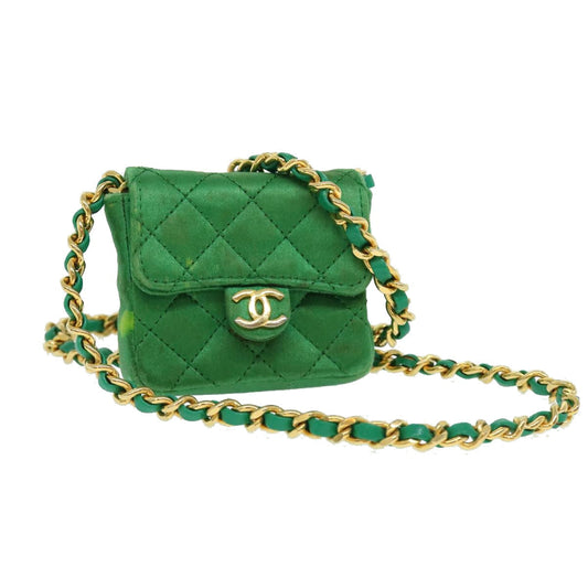 CHANEL Mini Matelasse Chain Pouch Shoulder Bag Satin Green Gold CC 51271A