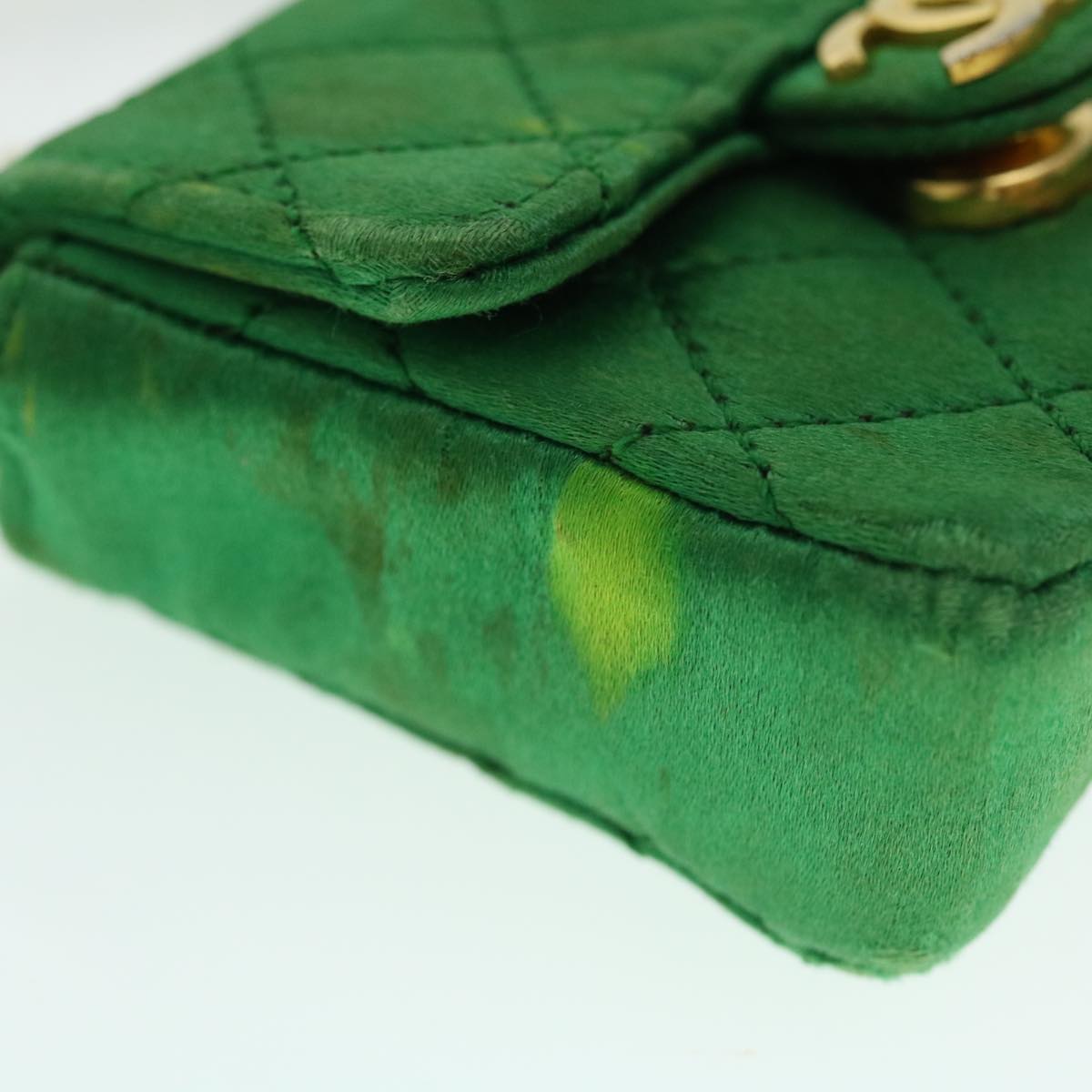 CHANEL Mini Matelasse Chain Pouch Shoulder Bag Satin Green Gold CC 51271A