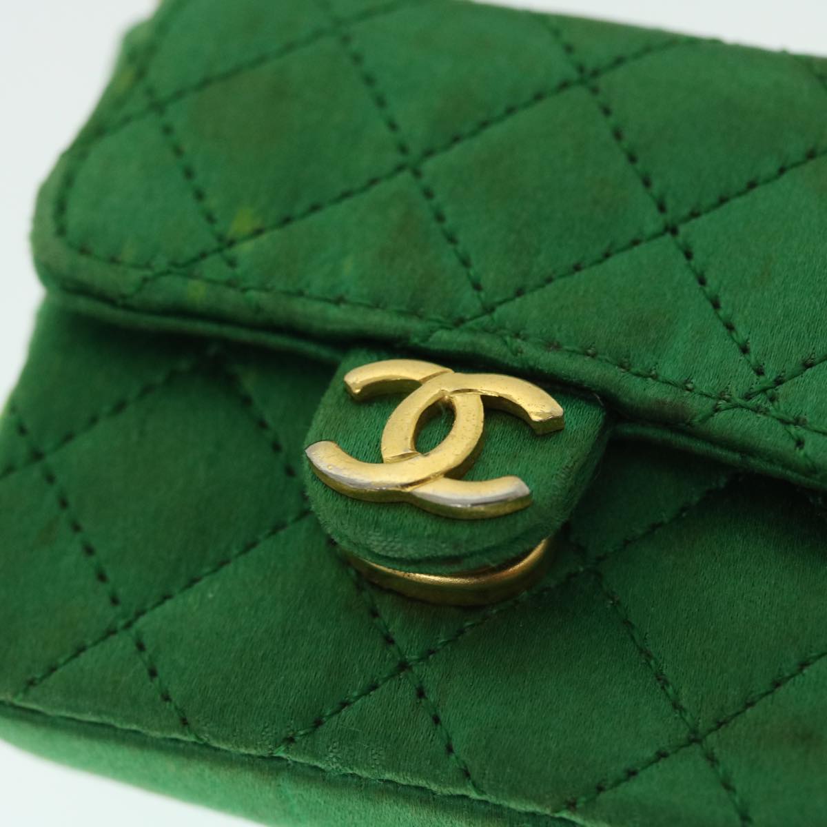 CHANEL Mini Matelasse Chain Pouch Shoulder Bag Satin Green Gold CC 51271A