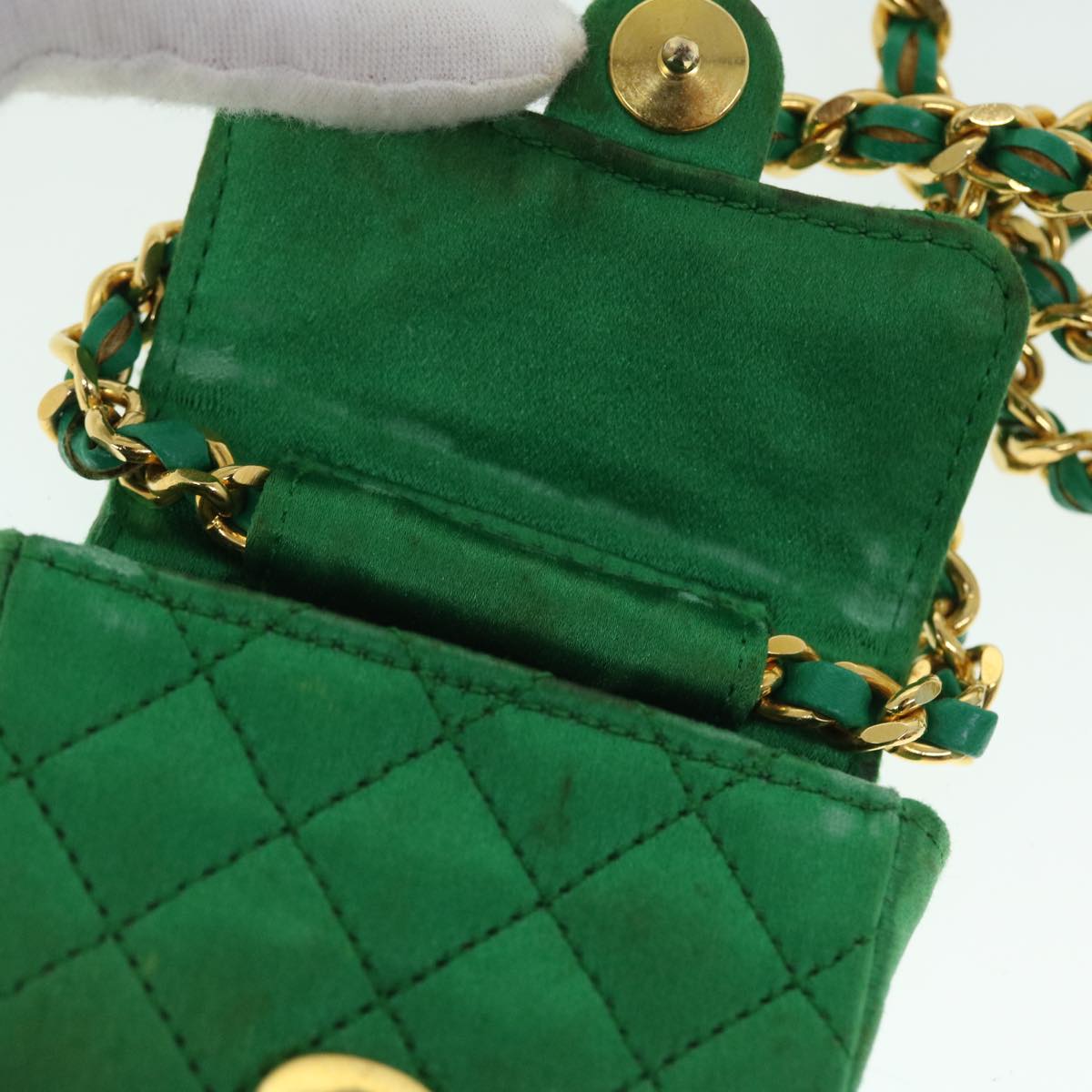 CHANEL Mini Matelasse Chain Pouch Shoulder Bag Satin Green Gold CC 51271A