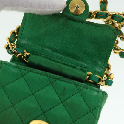 CHANEL Mini Matelasse Chain Pouch Shoulder Bag Satin Green Gold CC 51271A