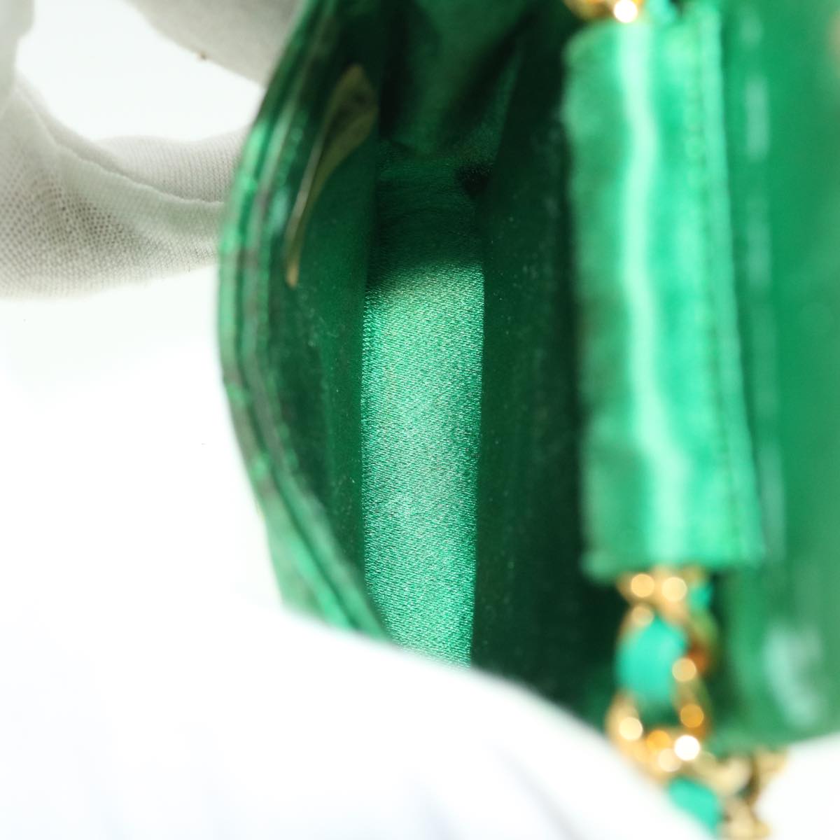 CHANEL Mini Matelasse Chain Pouch Shoulder Bag Satin Green Gold CC 51271A