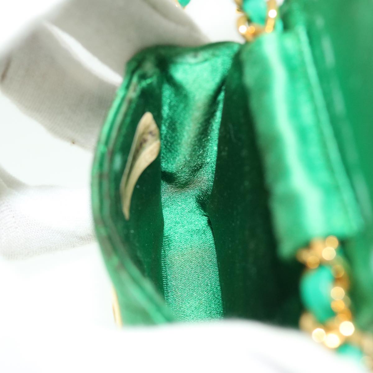 CHANEL Mini Matelasse Chain Pouch Shoulder Bag Satin Green Gold CC 51271A
