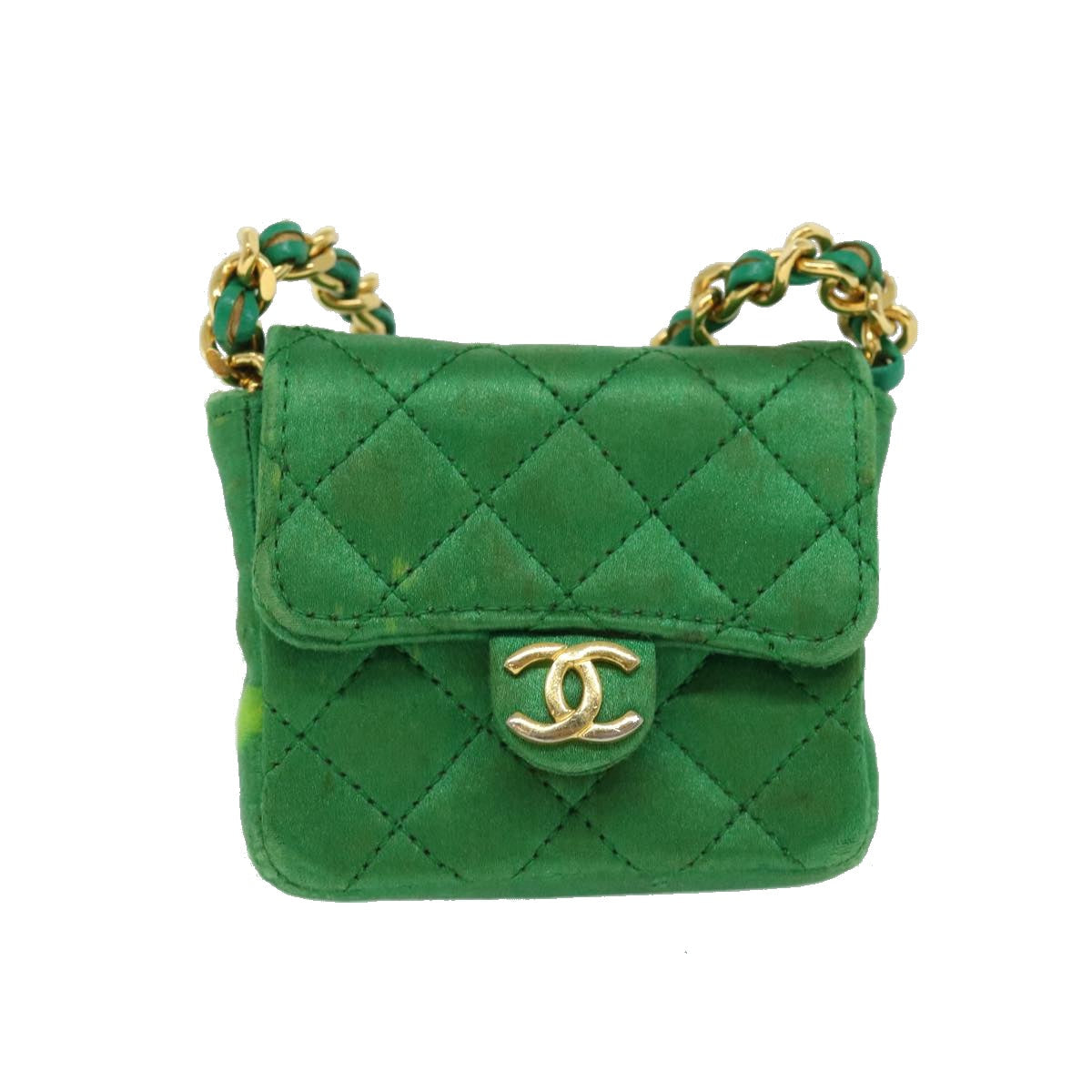 CHANEL Mini Matelasse Chain Pouch Shoulder Bag Satin Green Gold CC 51271A