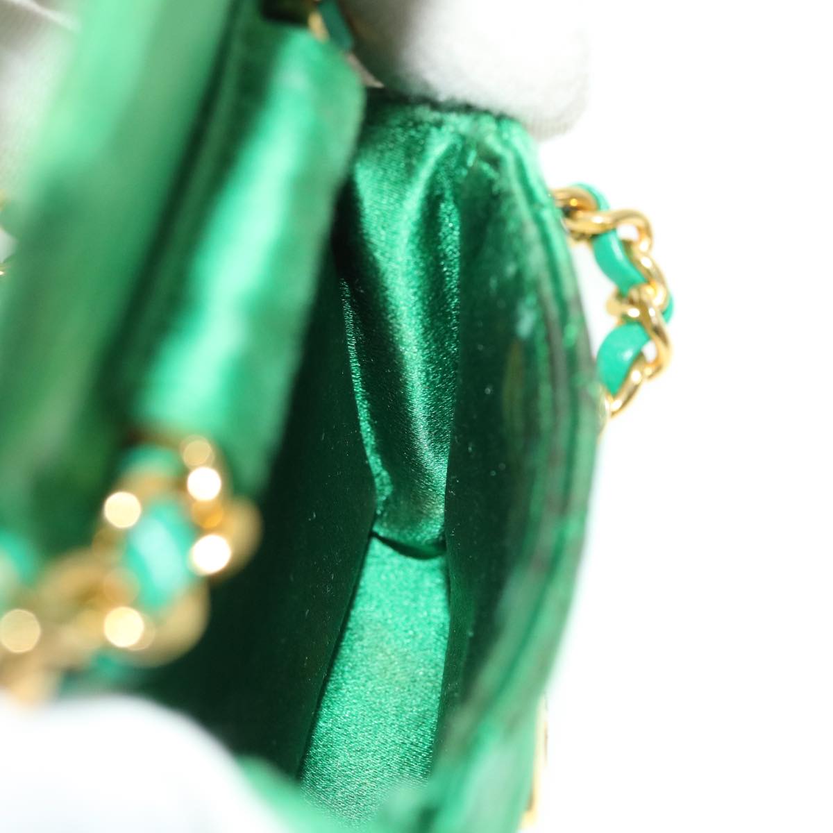 CHANEL Mini Matelasse Chain Pouch Shoulder Bag Satin Green Gold CC 51271A