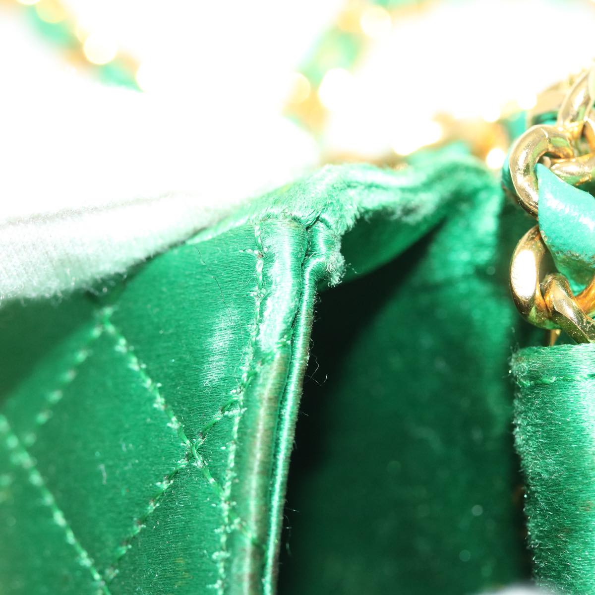 CHANEL Mini Matelasse Chain Pouch Shoulder Bag Satin Green Gold CC 51271A