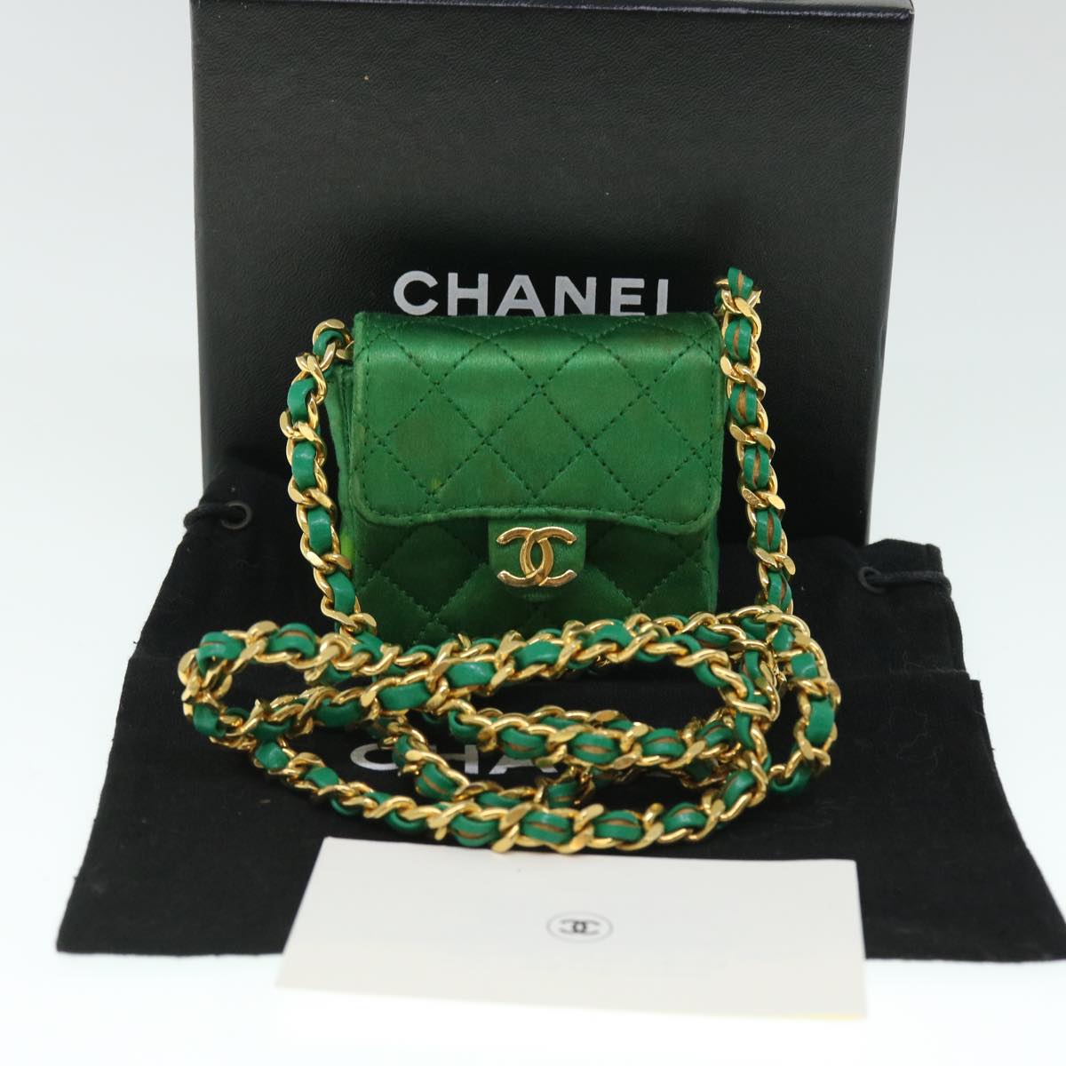 CHANEL Mini Matelasse Chain Pouch Shoulder Bag Satin Green Gold CC 51271A
