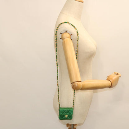 CHANEL Mini Matelasse Chain Pouch Shoulder Bag Satin Green Gold CC 51271A