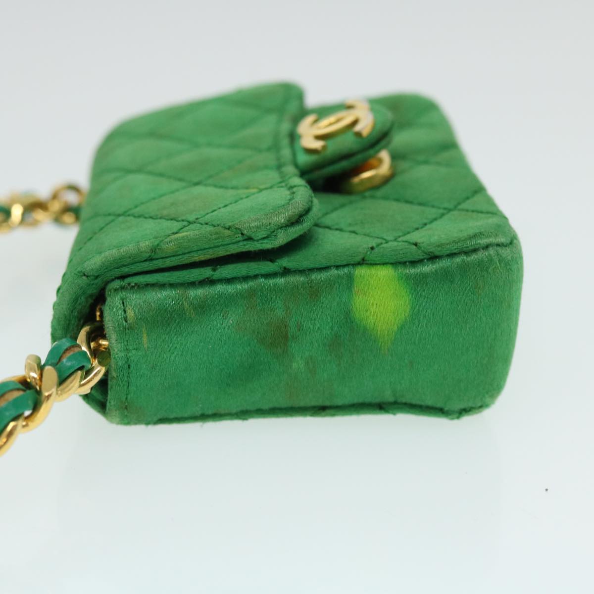 CHANEL Mini Matelasse Chain Pouch Shoulder Bag Satin Green Gold CC 51271A