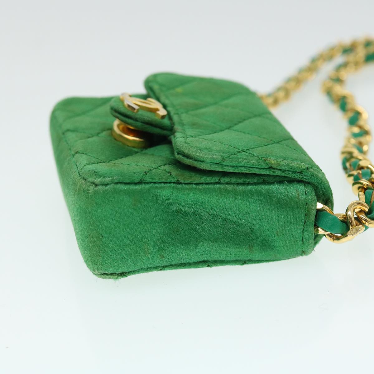 CHANEL Mini Matelasse Chain Pouch Shoulder Bag Satin Green Gold CC 51271A