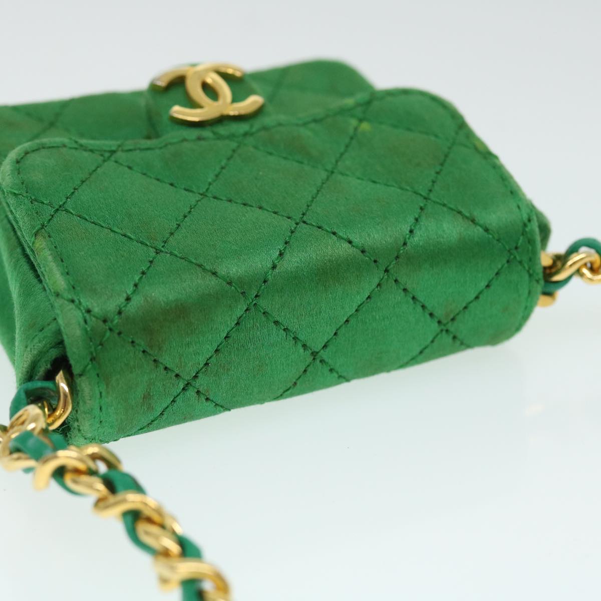 CHANEL Mini Matelasse Chain Pouch Shoulder Bag Satin Green Gold CC 51271A