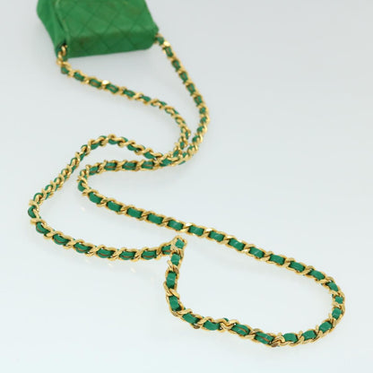 CHANEL Mini Matelasse Chain Pouch Shoulder Bag Satin Green Gold CC 51271A