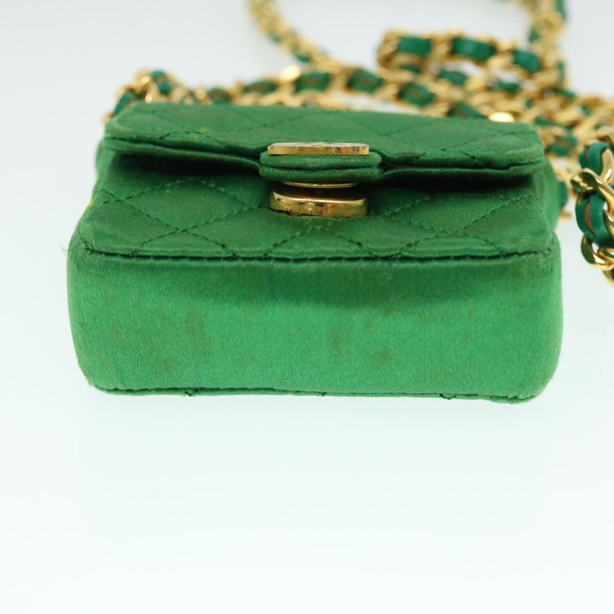 CHANEL Mini Matelasse Chain Pouch Shoulder Bag Satin Green Gold CC 51271A