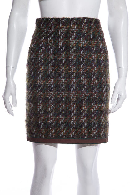 Chanel Boutique Vintage Green & Brown Tweed Mini Skirt SZ 34