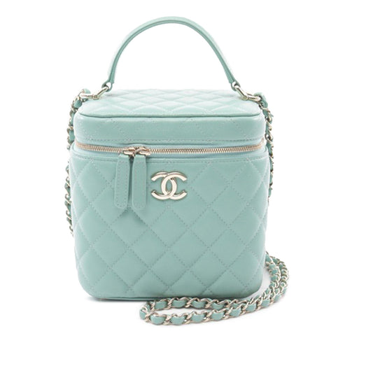 Blue Chanel Quilted Caviar Top Handle Vanity Case with Chain Satchel