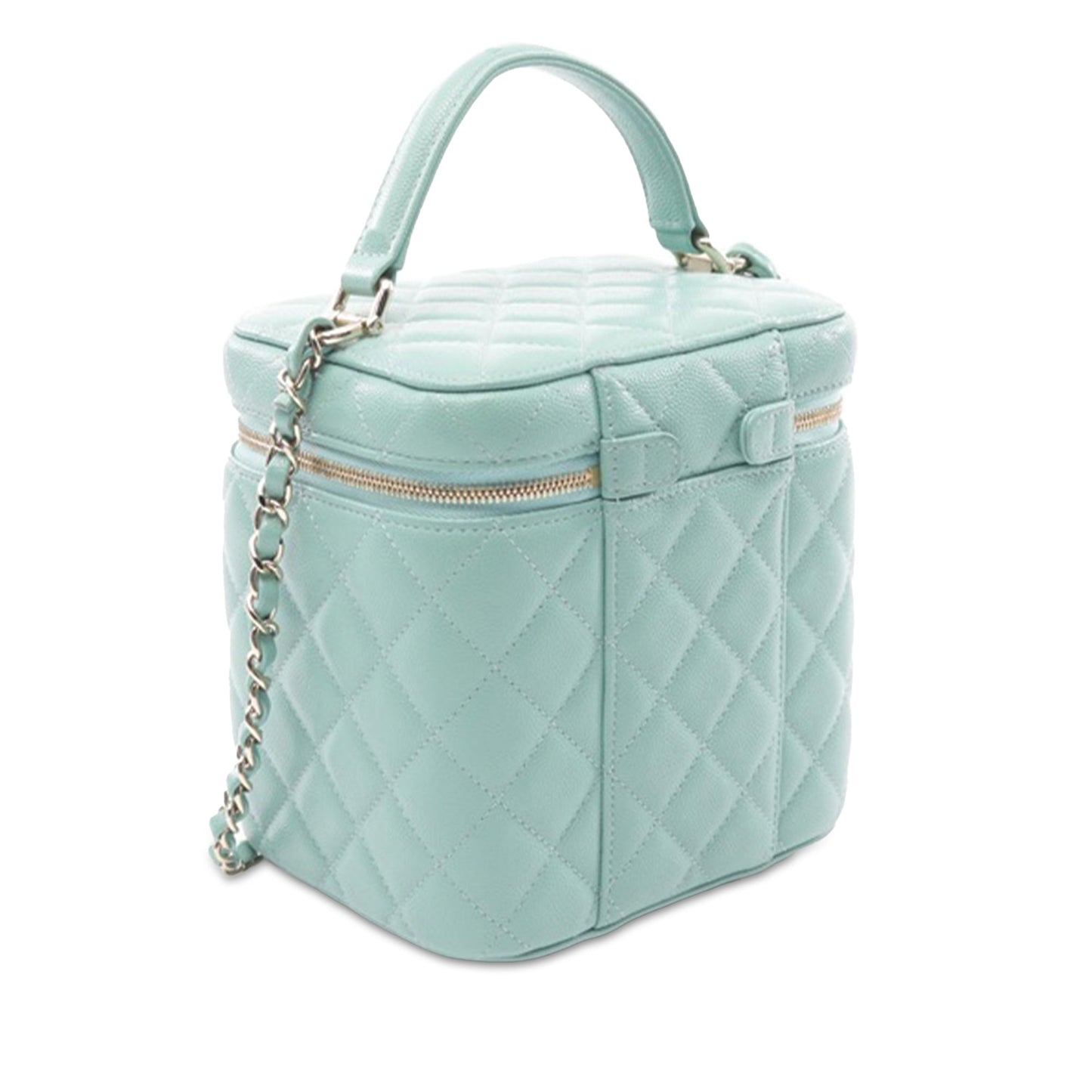 Blue Chanel Quilted Caviar Top Handle Vanity Case with Chain Satchel