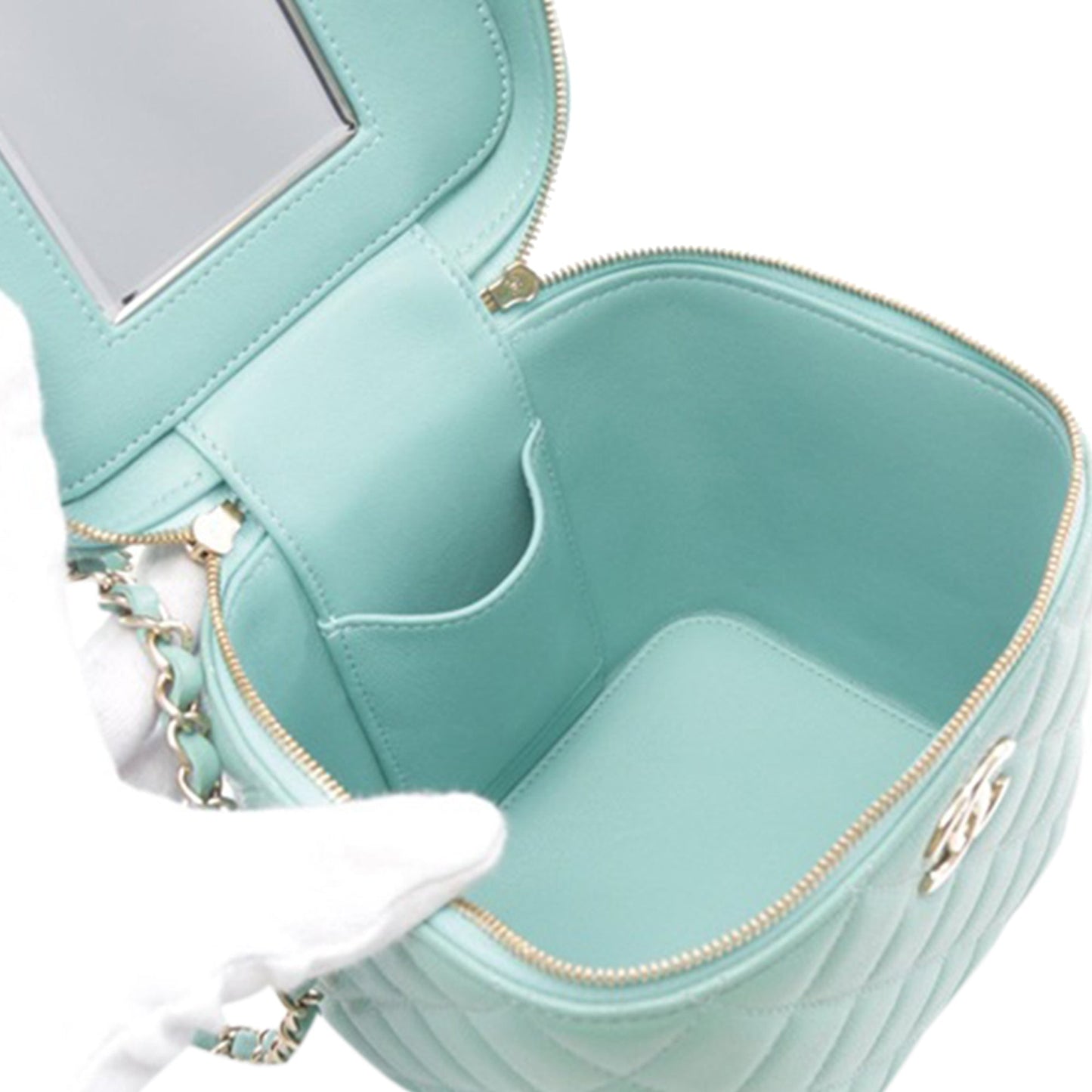Blue Chanel Quilted Caviar Top Handle Vanity Case with Chain Satchel