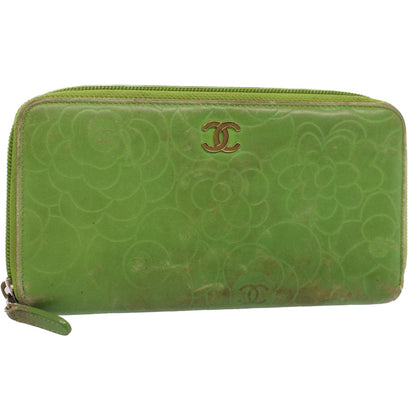 CHANEL Camelia Long Wallet Leather Green CC 52452