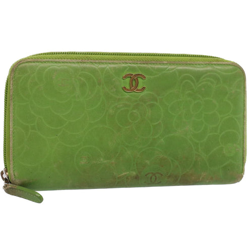 CHANEL Camelia Long Wallet Leather Green CC 52452