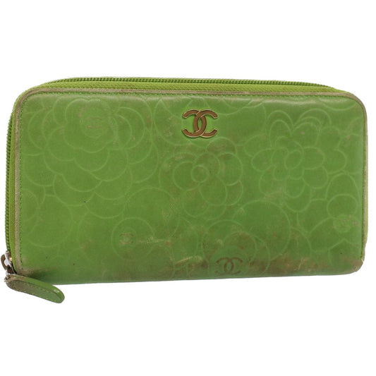 CHANEL Camelia Long Wallet Leather Green CC 52452